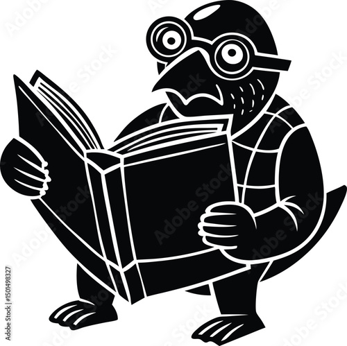 Intelligent turtle reading book wearing glasses in black and white line art