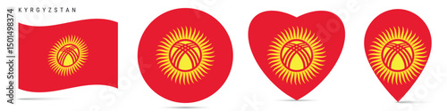 Kyrgyzstan waving flag, circle badge, heart shaped, map pin. Flat vector illustration isolated