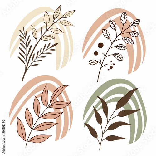 Abstract botanical illustrations with pastel rainbow arcs
