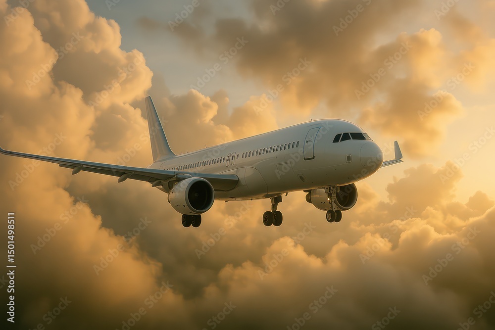 Obraz premium Airplane landing through clouds at sunset.