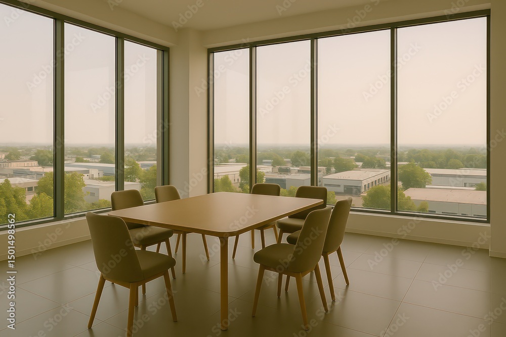 Fototapeta premium An empty modern meeting room offering panoramic views of a town, office buildings with natural light. Featuring a large wooden table and chairs arrangement.