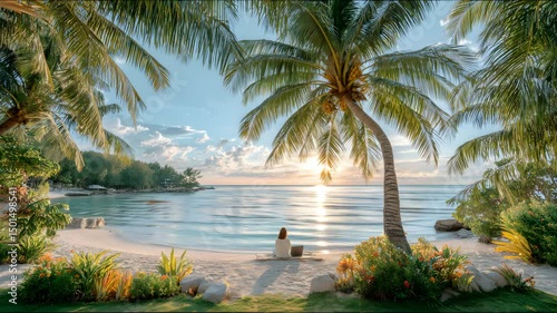 Tropical Beach Work Setup for Digital Nomads Digital nomad sunrise beach, remote work digital nomad paradise, peaceful morning for digital nomad Solitude and Freelance Work in Paradise