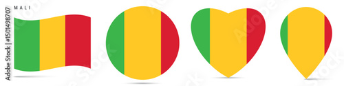Mali waving flag, circle badge, heart shaped, map pin. Flat vector illustration isolated