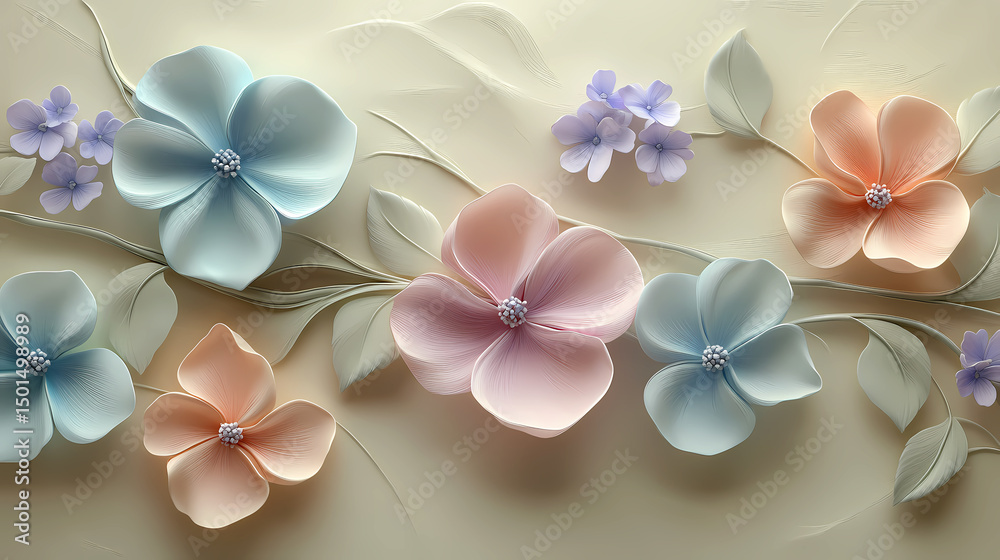 Obraz premium Delicate pastel flowers, meticulously rendered, adorn a gently undulating surface, creating a visually captivating composition that evokes serenity and springtime. 