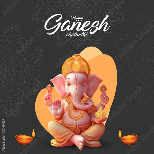 Lord Ganesha illustration with diya lamps and festive background for Ganesh Chaturthi wishes social media banners greeting cards and traditional Hindu festival artwork