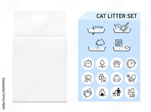 Vacuum bag with handle mockup with set icons for cat litter. Vector illustration isolated on white background. Set of sign for detailed guideline. Ready for use in presentation, advertising. EPS10.