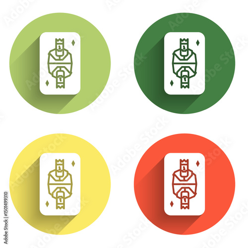 Set King playing card with diamonds symbol icon isolated with long shadow background. Casino gambling. Color circle button. Vector