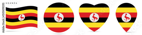 Free Download Uganda waving flag, circle badge, heart shaped, map pin. Flat vector illustration isolated - GFXLoad