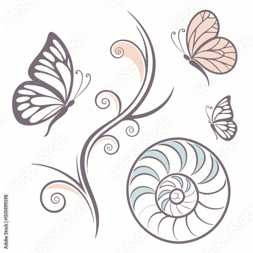 Elegant butterflies nautiluses swirls design elements transparent background