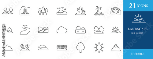 Minimal line icon set of 21 editable vector icons featuring landscape, tree, sun, hill, road, and nature elements. Perfect for travel, outdoor, weather, and eco design