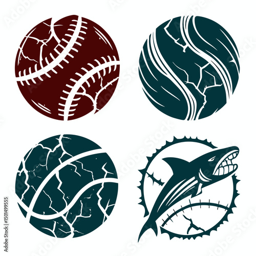Cracked sports balls and aggressive shark design elements on white