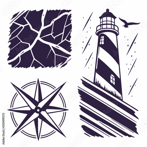 Nautical graphic design elements lighthouse compass crackled map