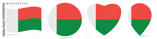 Free Download Madagascar waving flag, circle badge, heart shaped, map pin. Flat vector illustration isolated - GFXLoad