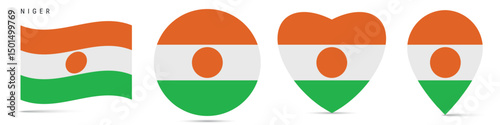 Free Download Niger waving flag, circle badge, heart shaped, map pin. Flat vector illustration isolated - GFXLoad