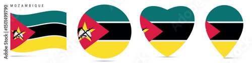 Free Download Mozambique waving flag, circle badge, heart shaped, map pin. Flat vector illustration isolated - GFXLoad
