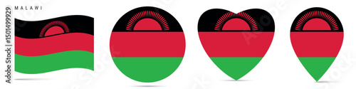 Malawi waving flag, circle badge, heart shaped, map pin. Flat vector illustration isolated Free Download Malawi waving flag, circle badge, heart shaped, map pin. Flat vector illustration isolated - GFXLoad