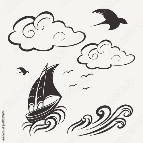Sailboat on the sea with birds and clouds stylized illustration