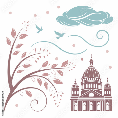 Elegant church illustration with floral design and birds
