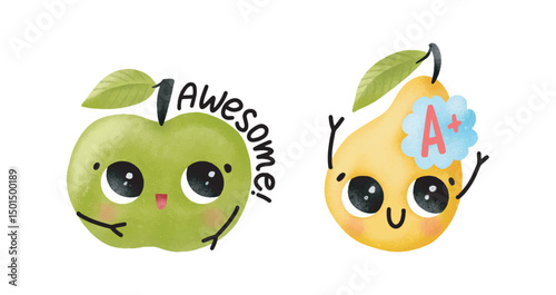 Set Vegetables and fruits funny stickers