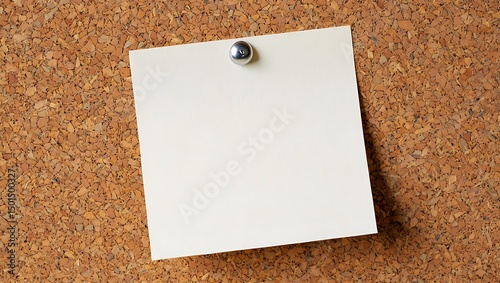 Blank yellow note paper pinned to a cork bulletin board in an office setting photo