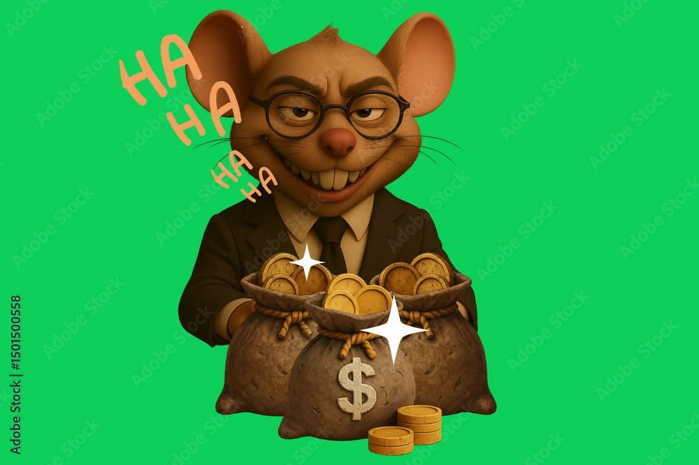 animated footage of a mouse dressed neatly in a suit and tie and wearing glasses indicating a corruptor smiling with a coin logo with a dollar bill
