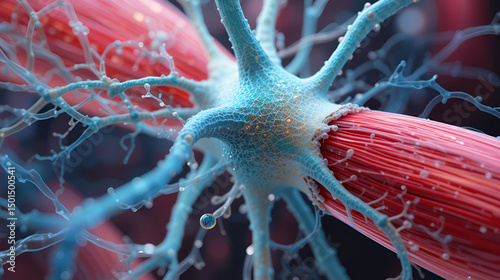 Motor neuron connecting to muscle fiber, 3D illustration