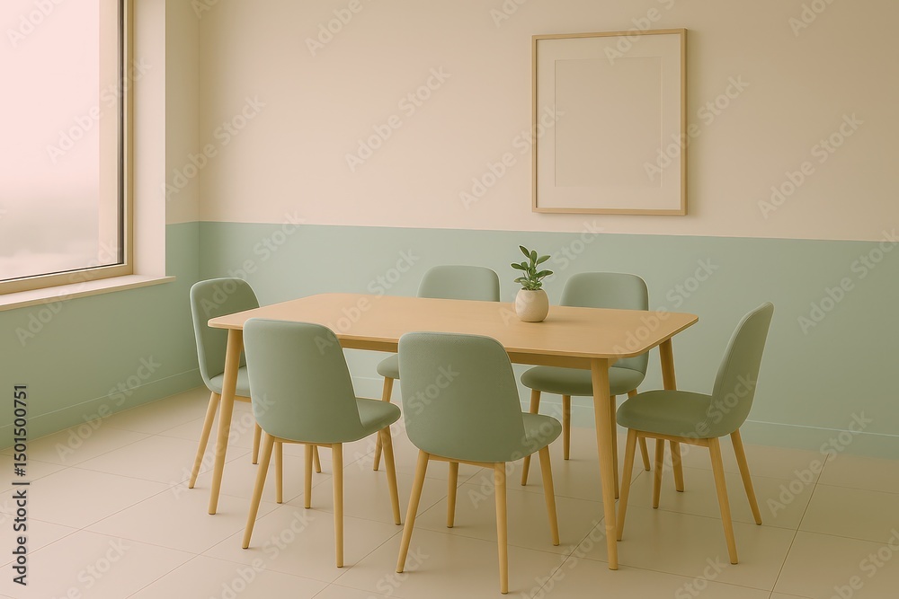 Fototapeta premium A minimalist dining room scene, with a wooden table and chairs creating a serene, inviting space. The natural light streams through the window, highlighting the clean lines and peaceful ambiance.