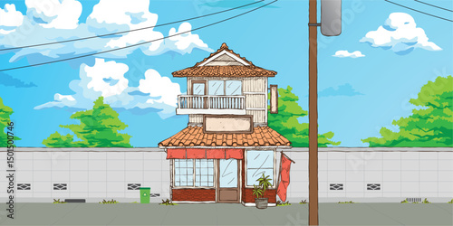 Vector illustration of Japanese traditional city street store with blank sign board .Facade of shop with background of clear blue sky. Cartoon and hand drawn style design.