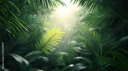 Lush green tropical jungle with sunlight streaming through dense foliage.