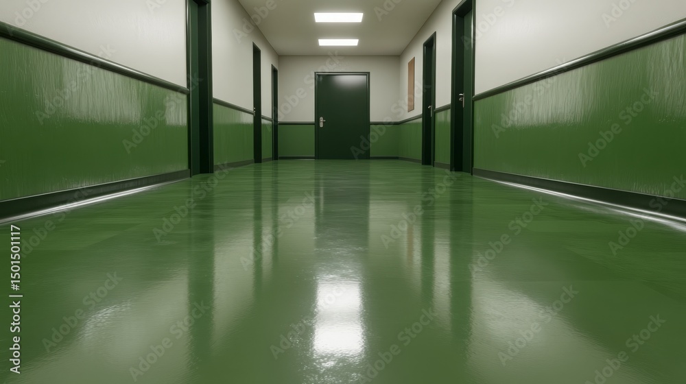 Obraz premium Long Green Hallway Interior Design Showing Reflective Floor and Doors