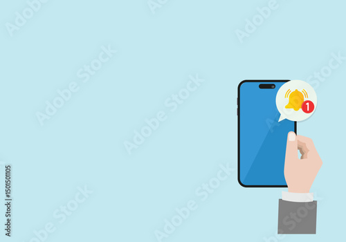 Mobile phone with a bell notification. Human hand hold mobile phone .Reminder on smartphone screen New message notification. 