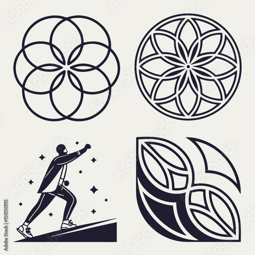 Abstract geometric shapes set mandala flower person climbing hill design elements