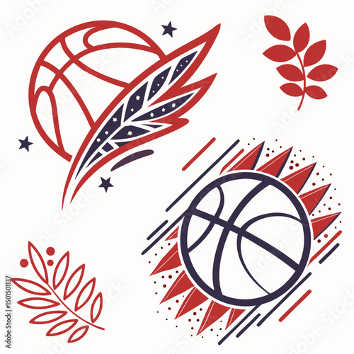 Abstract basketball designs with red and blue elements