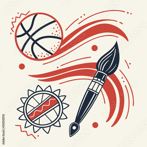 Abstract art design featuring basketball paintbrush and wheel