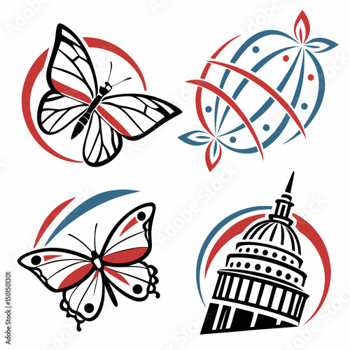 Professional vector graphics set butterflies globe capitol building transparent background