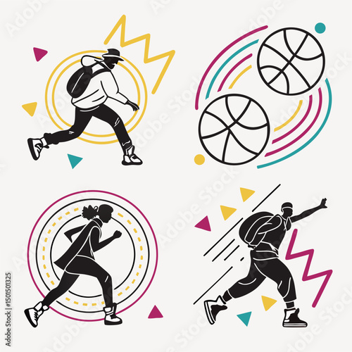 Stylish silhouettes running and basketball action, vector illustration