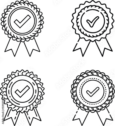 Award badge designs with checkmarks and ribbons perfect for quality assurance or approval, A collection of four different illustrated award badges each featuring a checkmark symbol indicating approval