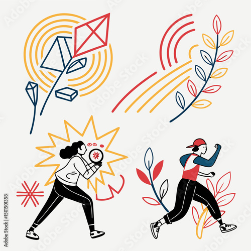 Colorful abstract illustrations set, isolated cutouts, transparent background
