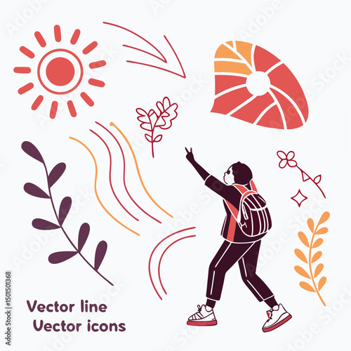 Stylish vector illustration of person with backpack and abstract elements on white background