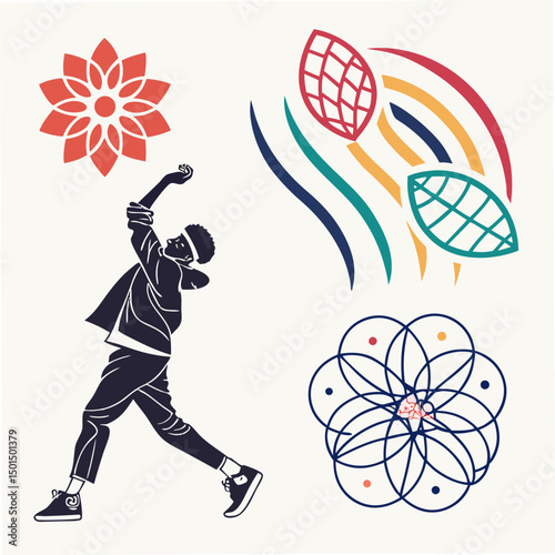 Stylish dancer silhouette with abstract floral and leaf designs on white background