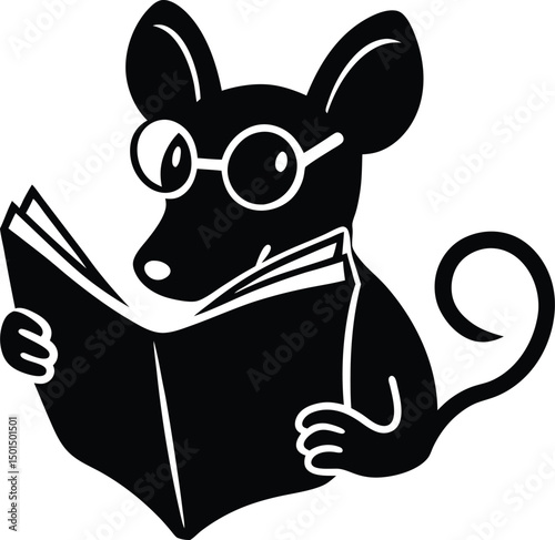 Intelligent mouse with glasses reading a book black and white silhouette vector illustration