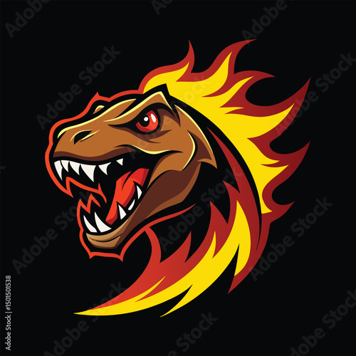 Fierce T-Rex mascot logo roaring with flames vector illustration