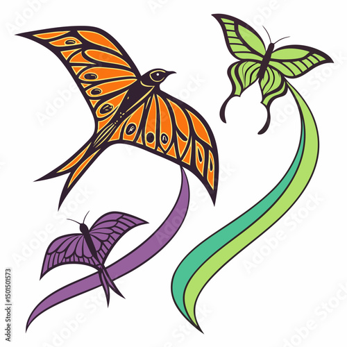 Bird and butterflies in flight abstract art design