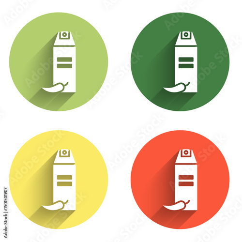 Set Pepper spray icon isolated with long shadow background. OC gas. Capsicum self defense aerosol. Color circle button. Vector