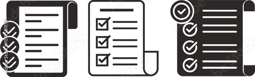 Checklist icons showing completed tasks and to do lists for planning and organization, Different styles of checklist icons illustrating task completion and management