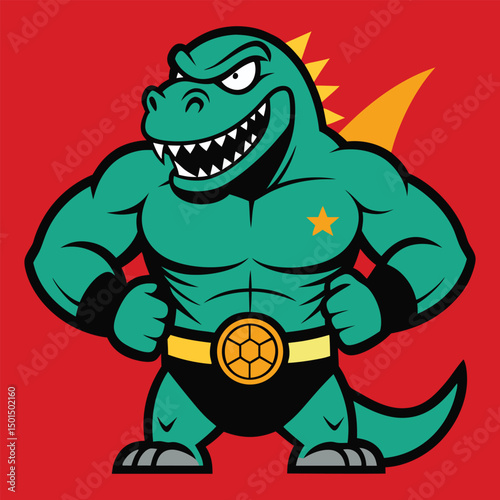 Wrestler dinosaur mascot with championship belt and muscular build vector illustration