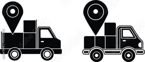Delivery truck location tracking two icons black silhouettes simple design, Illustration of two delivery trucks with location markers indicating their position