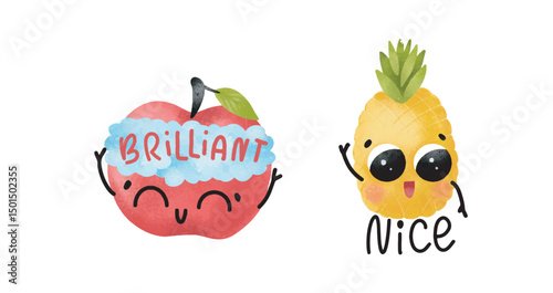 Set Vegetables and fruits funny stickers