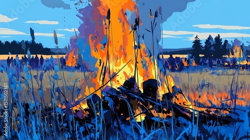 Summer SolSummer Solstice: Abstract bonfire embers rising against twilight blue sky
