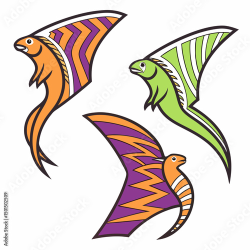Three stylized fish with vibrant patterned fins swimming